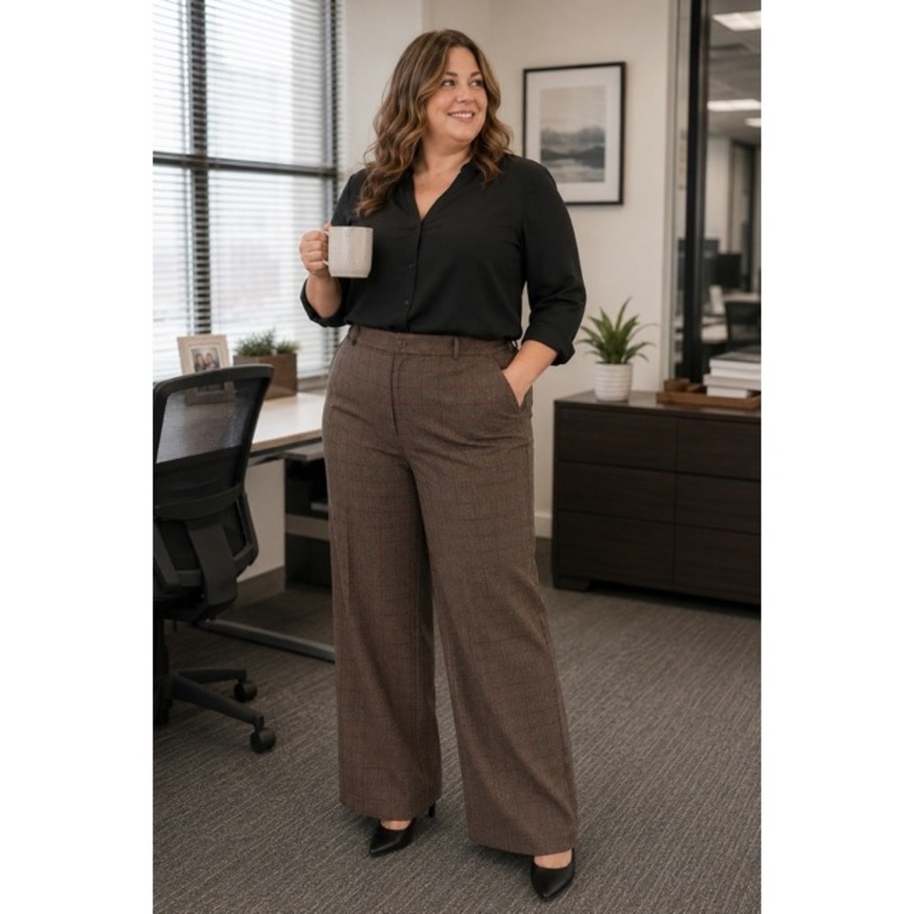 TravelSmith Brown Red Plaid Wide Leg Cuffed Trousers Pants Petite 14P Academia